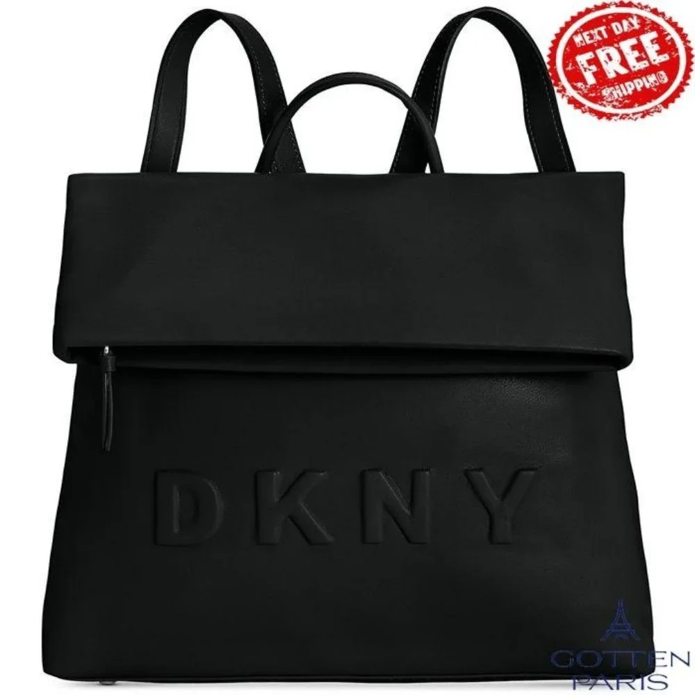 DKNY Tilly Logo Foldover Backpack Black/Silver Women's Bag - Picture 1 of 9
